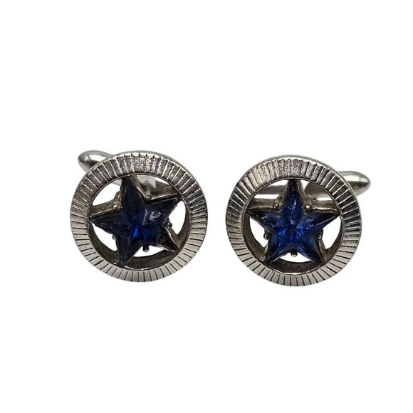 Vintage SWANK Silver Tone Star Cufflinks With Blue Stone Accent - Picture 1 of 4
